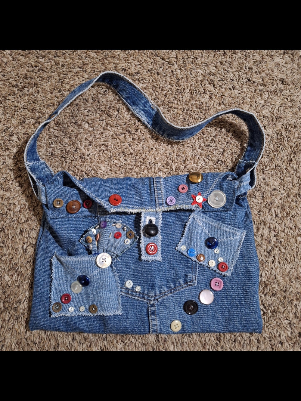 Handmade Upcycled Denim Patchwork Button Shoulder Purse